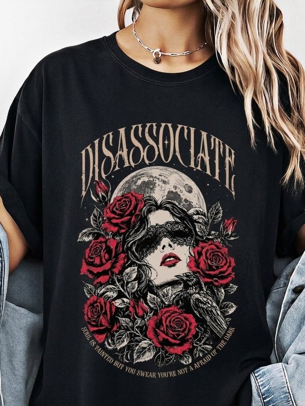 Disassociate Dark Botanical Gothic Graphic Tee, Raven Moon Roses